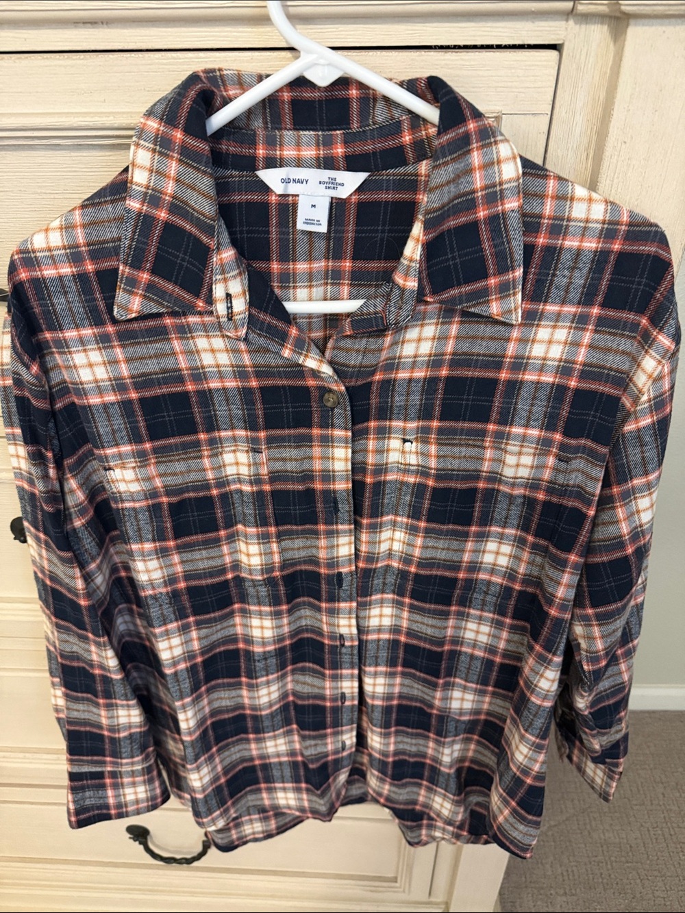 Old Navy Women’s Navy, Orange and Cream Plaid Button-Down Shirt